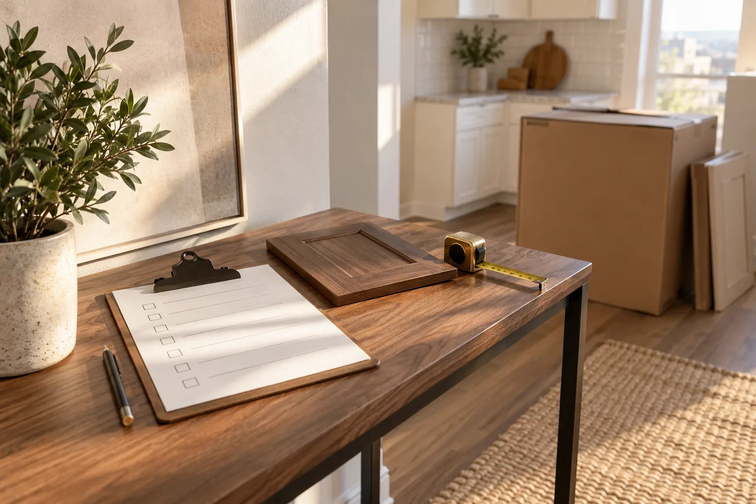 Walnut door sample and blank checklist on a desk with plain cartons in the background